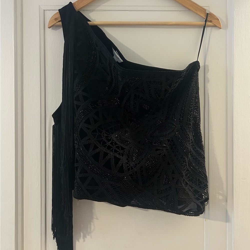 Black One-Shoulder Fringe Embellished Top